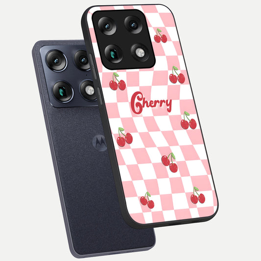 Sweet Cherry Vibes phone case For Moto Signature showing premium glass back cover with detailed artwork