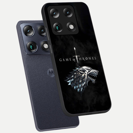 Throne Wolf Legacy phone case For Moto Signature showing premium glass back cover with detailed artwork
