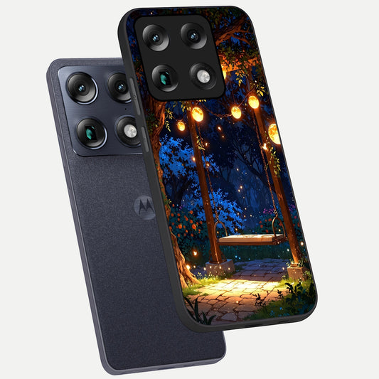 Twilight Garden Swing phone case For Moto Signature showing premium glass back cover with detailed artwork