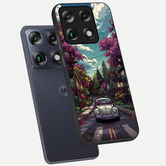 Vintage Street Drive phone case For Moto Signature showing premium glass back cover with detailed artwork