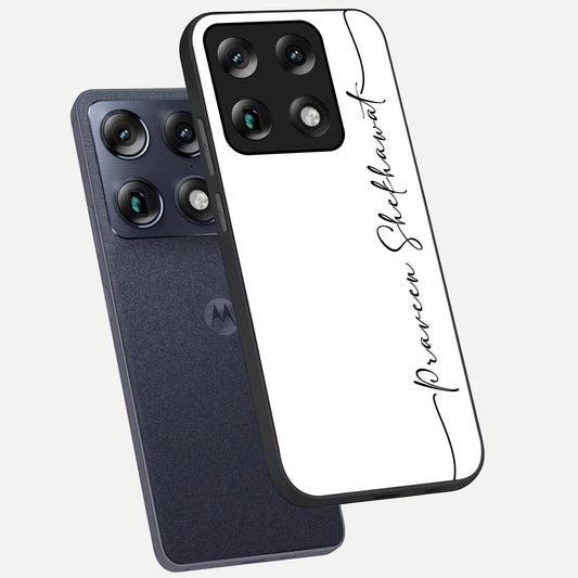 White Tune Custom Name phone case For Moto Signature showing premium custom name glass back cover