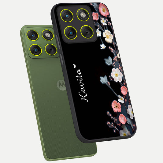 Black Elegance Floral Custom Name phone case For Moto Edge 70 showing premium glass back cover with detailed artwork