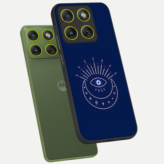 Blue Evil Eye phone case For Moto Edge 70 showing premium glass back cover with detailed artwork