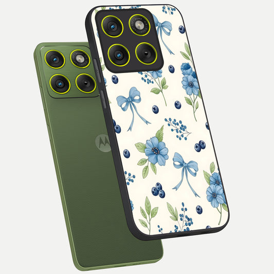 Blue Flower And Bow phone case For Moto Edge 70 showing premium glass back cover with detailed artwork