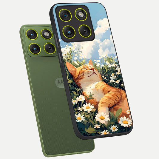 Cat And Flowers View phone case For Moto Edge 70 showing premium glass back cover with detailed artwork