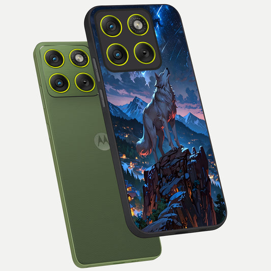 Celestial Wolf Howl phone case For Moto Edge 70 showing premium glass back cover with detailed artwork