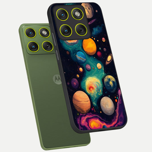 Cosmic Planet Journey phone case For Moto Edge 70 showing premium glass back cover with detailed artwork