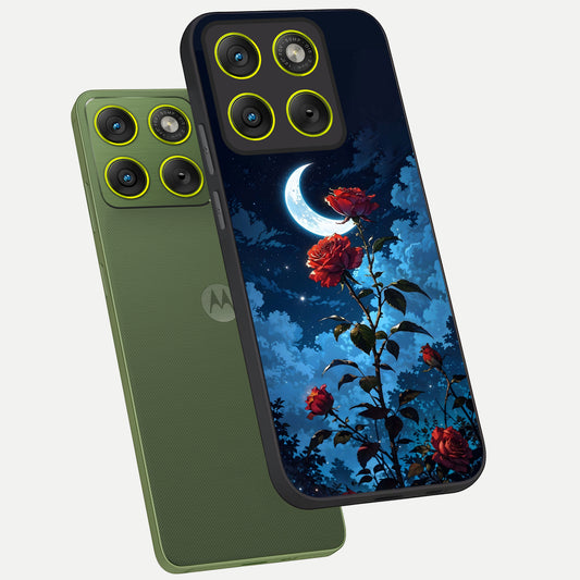 Crimson Rose Moon phone case For Moto Edge 70 showing premium glass back cover with detailed artwork