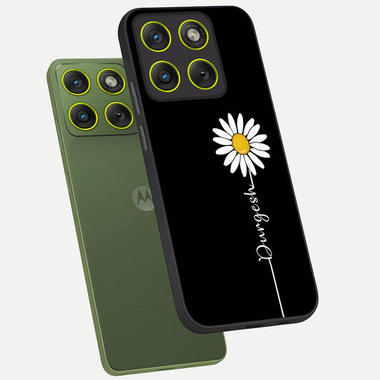 Custom Name White Flower phone case For Moto Edge 70 showing premium glass back cover with detailed artwork