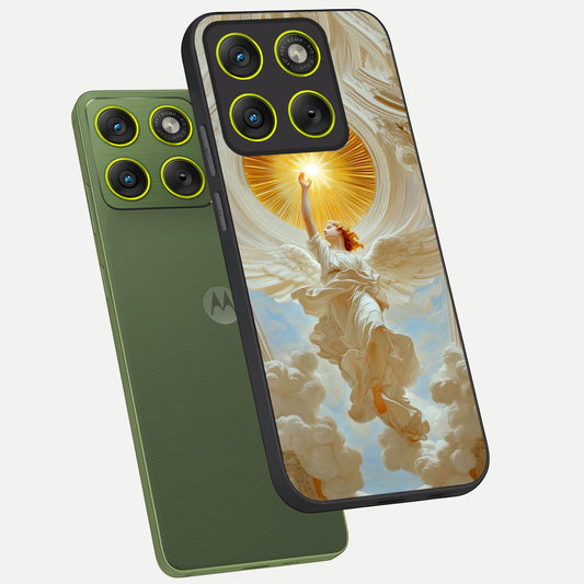 Divine Light Angel phone case For Moto Edge 70 showing premium glass back cover with detailed artwork