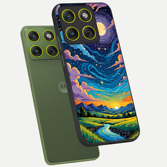 Dreamy Night Landscape phone case For Moto Edge 70 showing premium glass back cover with detailed artwork