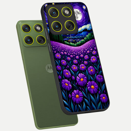 Lavender Moon Field phone case For Moto Edge 70 showing premium glass back cover with detailed artwork