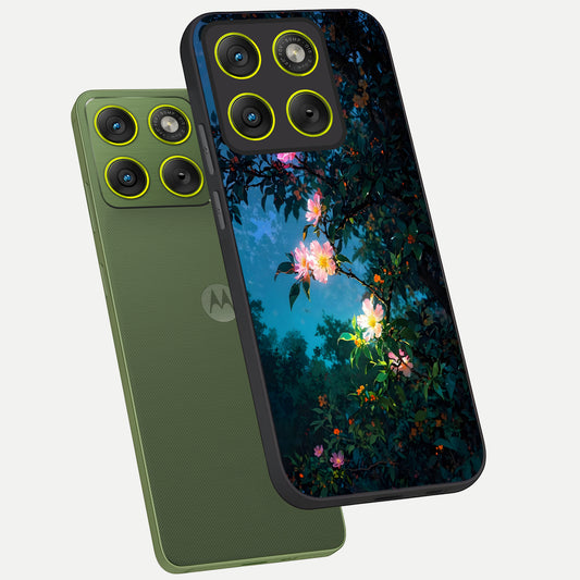 Midnight Bloom Glow phone case For Moto Edge 70 showing premium glass back cover with detailed artwork
