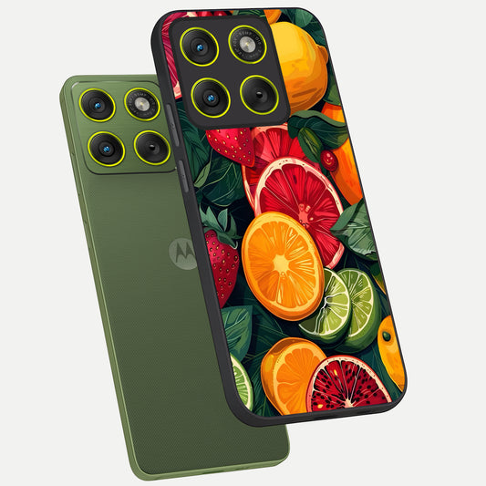 Multiple Fruits phone case For Moto Edge 70 showing premium glass back cover with detailed artwork