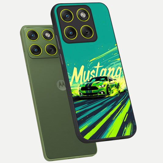 Mustang Bang phone case For Moto Edge 70 showing premium glass back cover with detailed artwork