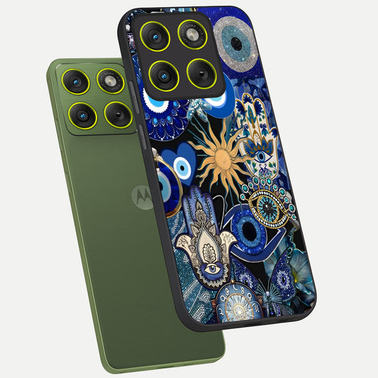 Mystic Blue Evil Eye phone case For Moto Edge 70 showing premium glass back cover with detailed artwork