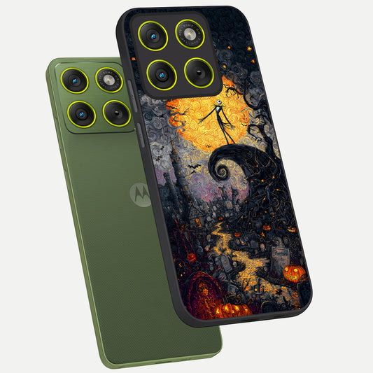 Pumpkin Moon Night phone case For Moto Edge 70 showing premium glass back cover with detailed artwork