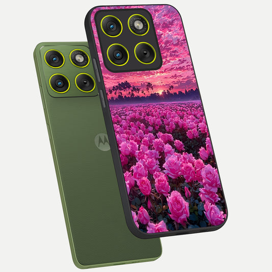 Rose Sunset Valley phone case For Moto Edge 70 showing premium glass back cover with detailed artwork