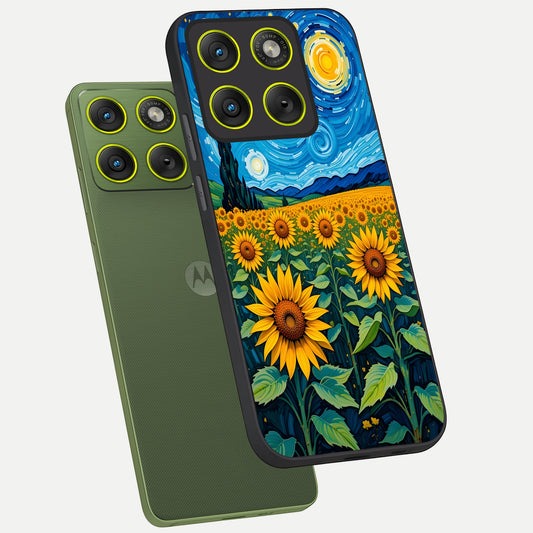 Starry Sunflower Dreams phone case For Moto Edge 70 showing premium glass back cover with detailed artwork