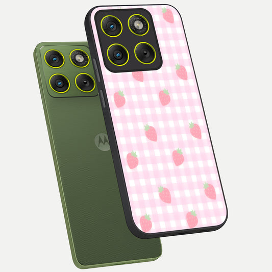 Strawberry Picnic Love phone case For Moto Edge 70 showing premium glass back cover with detailed artwork