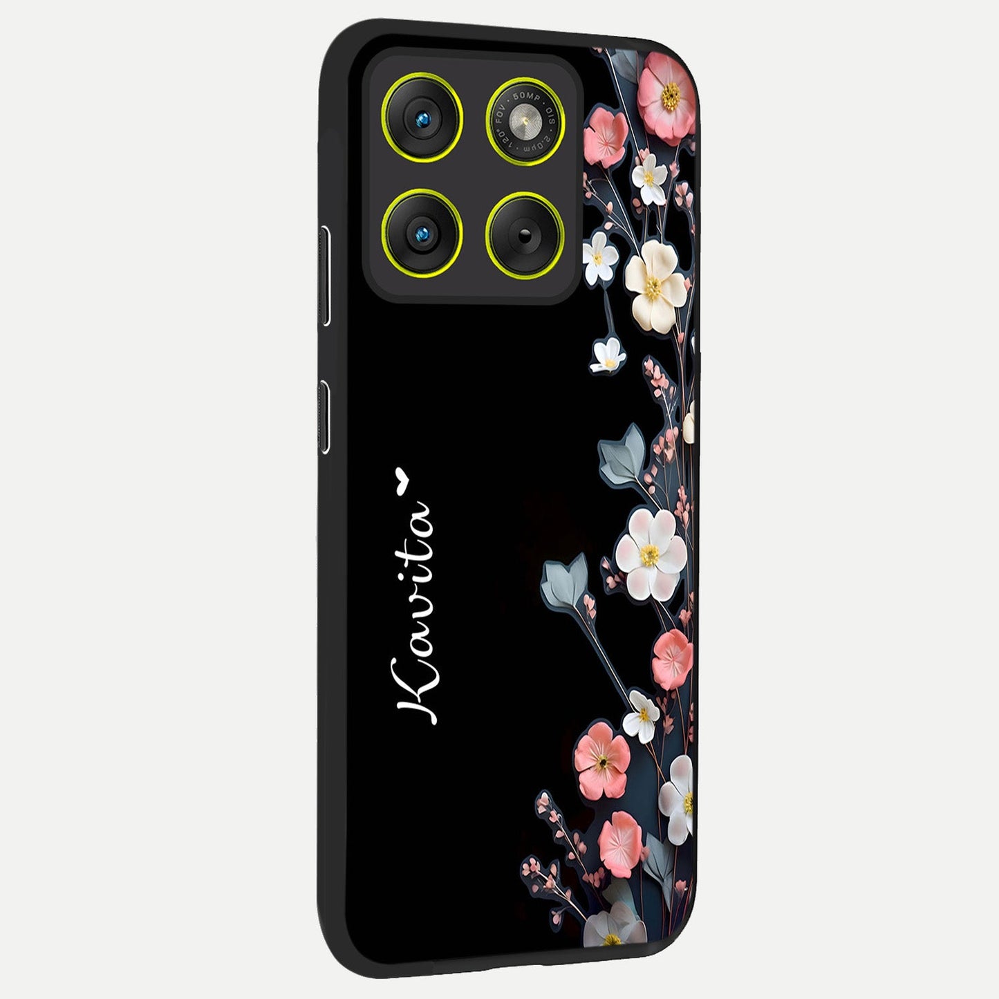 Black Elegance Floral Custom Name back cover For Moto Edge 70 slim fit glass case with vibrant aesthetic design