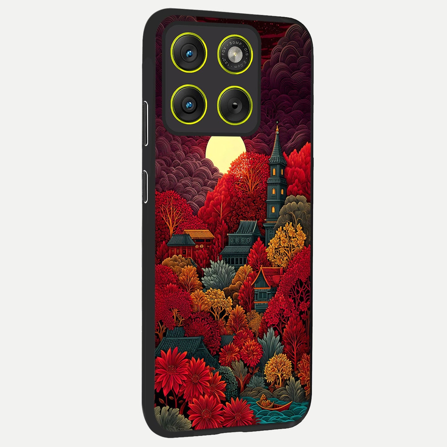 Scarlet Autumn Temple back cover For Moto Edge 70 slim fit glass case with vibrant aesthetic design