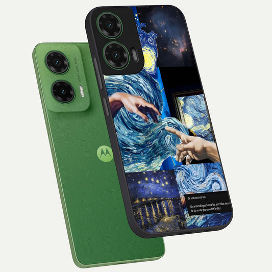 Aesthetic Vando Hands phone case For Moto G35 showing premium glass back cover with detailed artwork