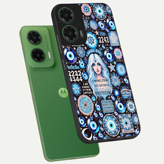 Angel Aura Shield phone case For Moto G35 showing premium glass back cover with detailed artwork