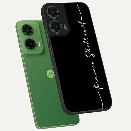 Black Tune Custom Name phone case For Moto G35 showing premium glass back cover with detailed artwork