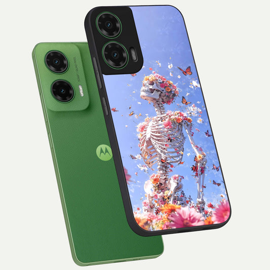 Bloom Beyond Bones phone case For Moto G35 showing premium glass back cover with detailed artwork