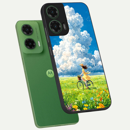 Breezy Meadow Ride phone case For Moto G35 showing premium glass back cover with detailed artwork