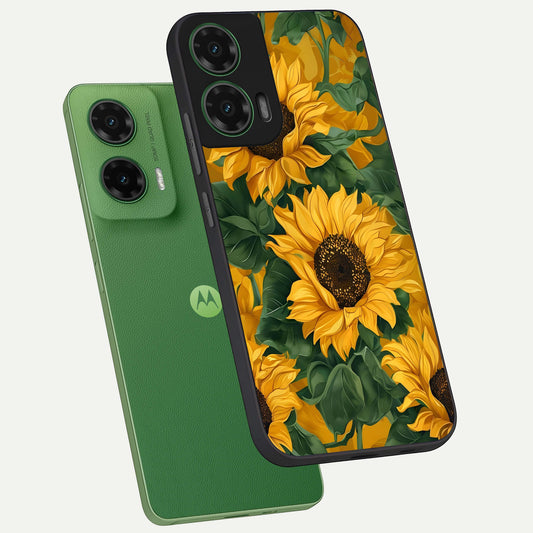 Bright Sunflower Bloom phone case For Moto G35 showing premium glass back cover with detailed artwork