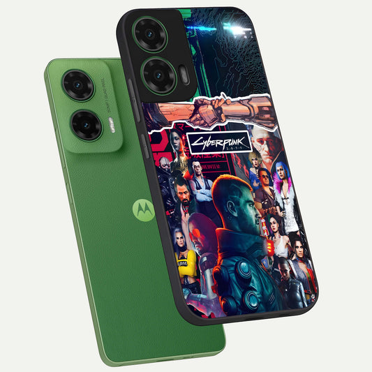 CYBERPUNK Legacy phone case For Moto G35 showing premium glass back cover with detailed artwork