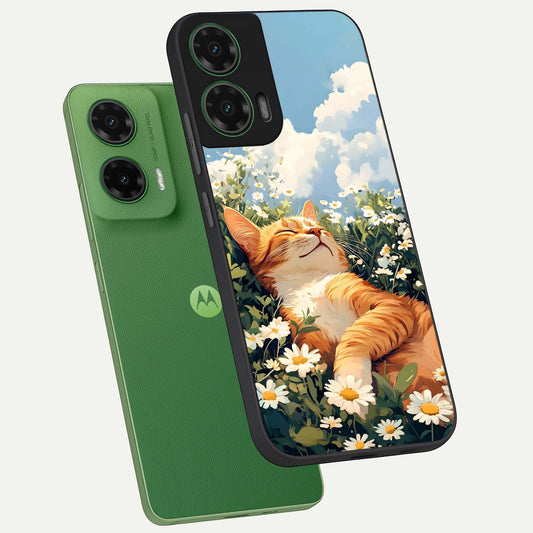 Cat And Flowers View phone case For Moto G35 showing premium glass back cover with detailed artwork