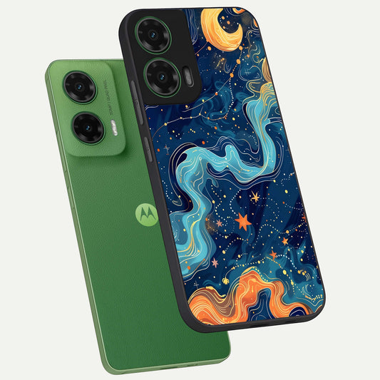 Celestial Dream Flow phone case For Moto G35 showing premium glass back cover with detailed artwork