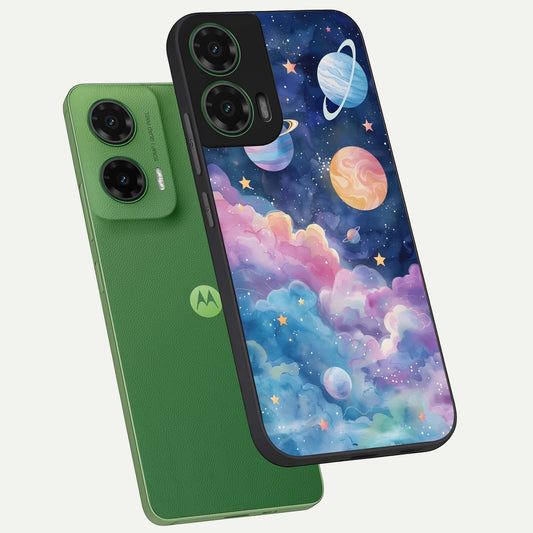 Cosmic Planet Dreams phone case For Moto G35 showing premium glass back cover with detailed artwork
