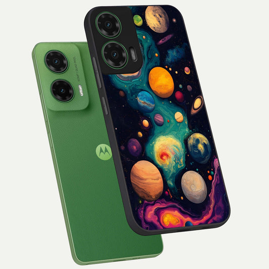 Cosmic Planet Journey phone case For Moto G35 showing premium glass back cover with detailed artwork