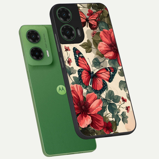Crimson Butterfly Garden phone case For Moto G35 showing premium glass back cover with detailed artwork