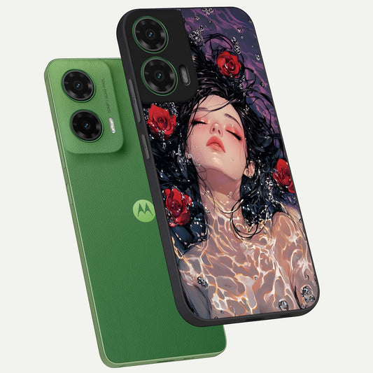 Crimson Rose Serenity phone case For Moto G35 showing premium glass back cover with detailed artwork