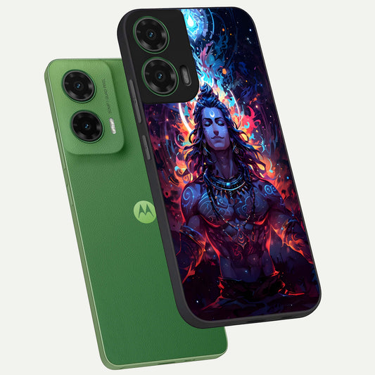 Divine Fire Shiv phone case For Moto G35 showing premium glass back cover with detailed artwork