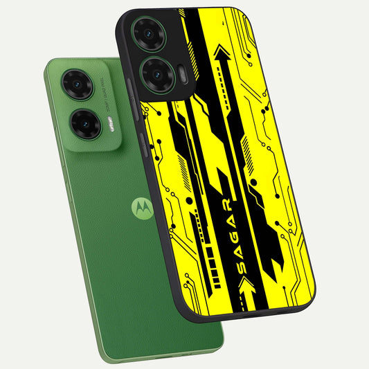 Electric Pulse CYBERPUNK Custom Name phone case For Moto G35 showing premium glass back cover with detailed artwork