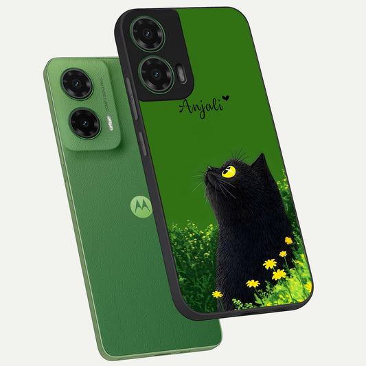 Emerald Cat Custom Name phone case For Moto G35 showing premium glass back cover with detailed artwork
