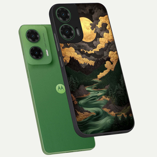 Golden River Moon phone case For Moto G35 showing premium glass back cover with detailed artwork