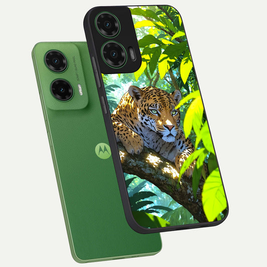 Leopard in Jungle phone case For Moto G35 showing premium glass back cover with detailed artwork