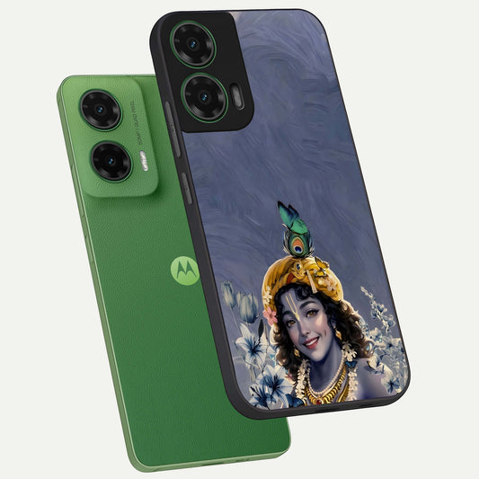 Lord Krishna phone case For Moto G35 showing premium glass back cover with detailed artwork