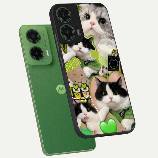 Matcha Cats Mood phone case For Moto G35 showing premium glass back cover with detailed artwork