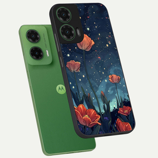 Midnight Tulip Glow phone case For Moto G35 showing premium glass back cover with detailed artwork