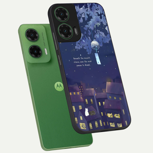 Moonlit Cat Silence phone case For Moto G35 showing premium glass back cover with detailed artwork
