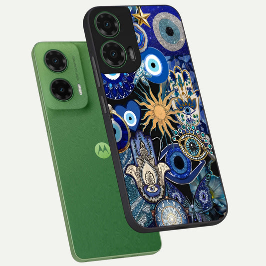 Mystic Blue Evil Eye phone case For Moto G35 showing premium glass back cover with detailed artwork