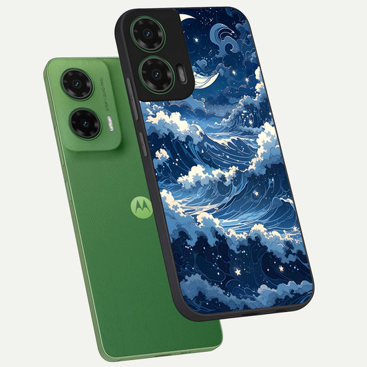 Ocean Moon Waves phone case For Moto G35 showing premium glass back cover with detailed artwork